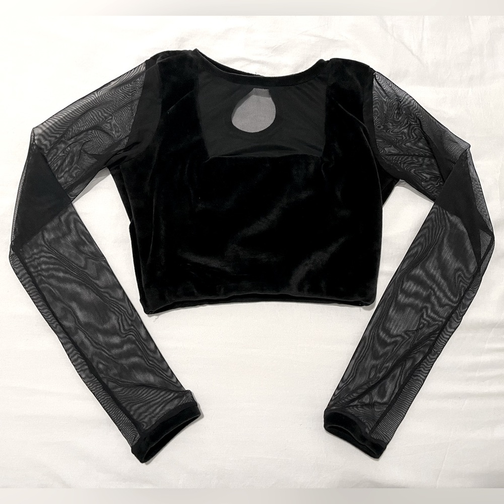 Chic Black Velvet Crop Top with Mesh Sleeves